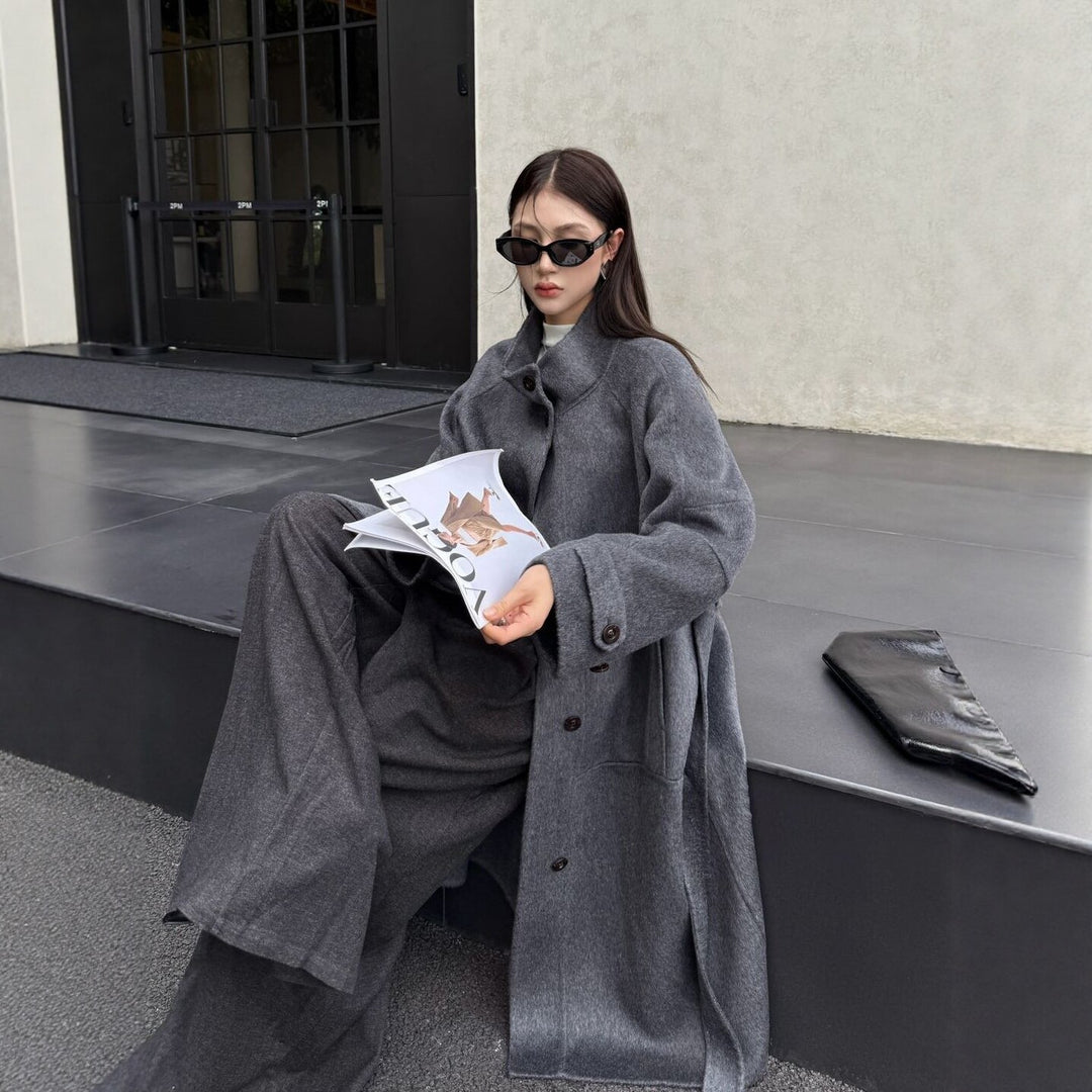 Women's Oversized Wool Coat with Stand-Up Collar and Large Flap Pockets Mune Fashion