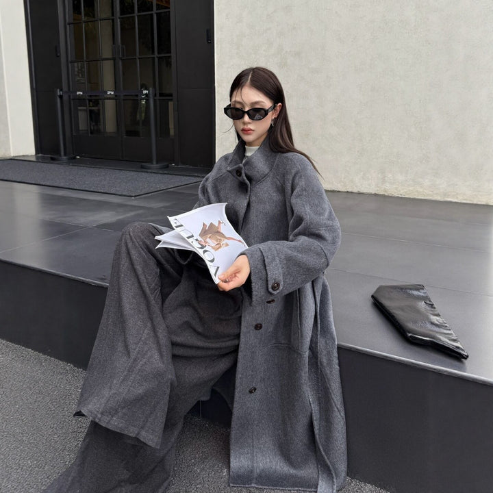 Women's Oversized Wool Coat with Stand-Up Collar and Large Flap Pockets Mune Fashion