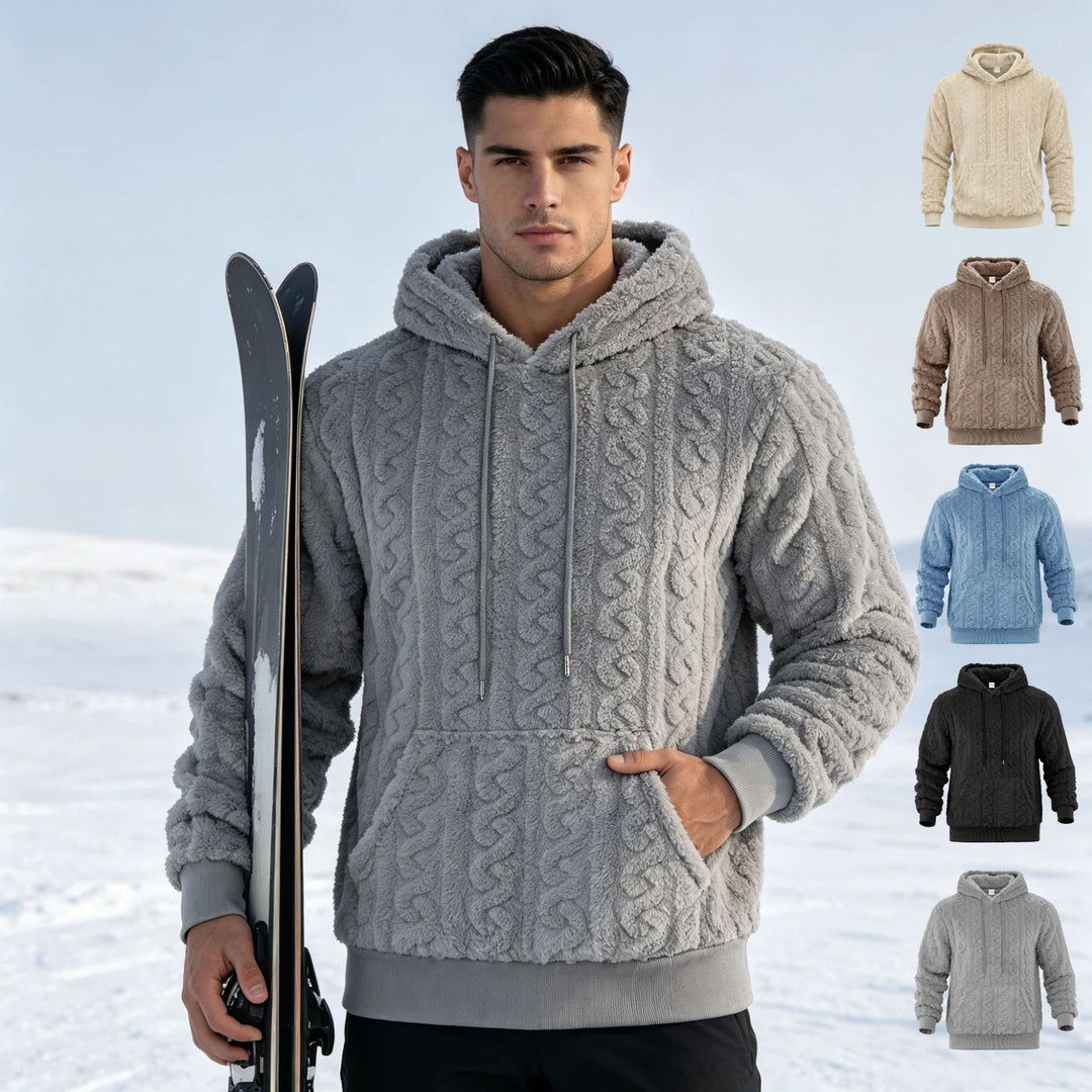Men's Sherpa Hoodie with Cable Knit Pattern, Kangaroo Pocket and Ribbed Cuffs Mune Fashion