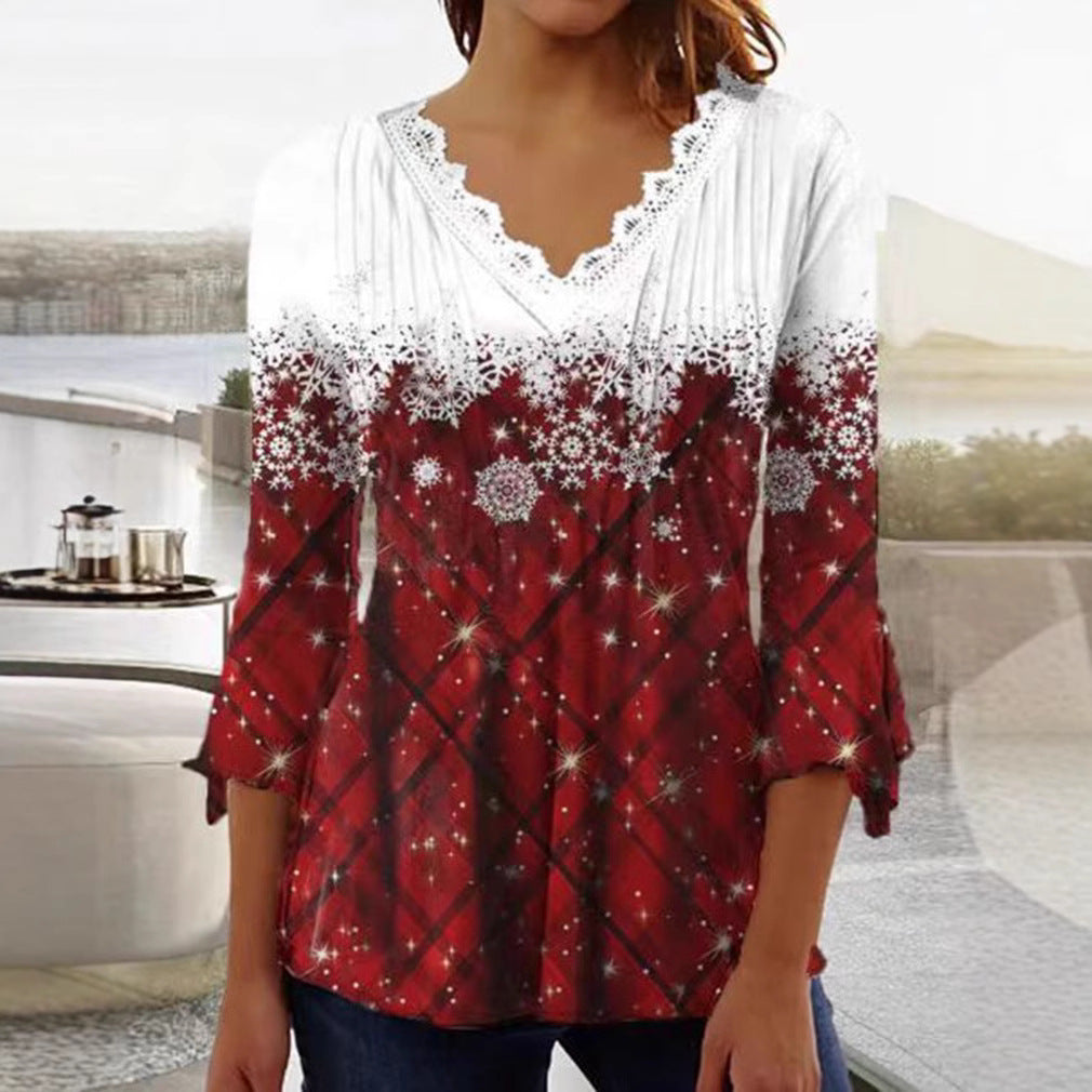 Women's Tunic blouse with lace V-neck, fine pleated yoke and wintry snowflake print Mune Fashion