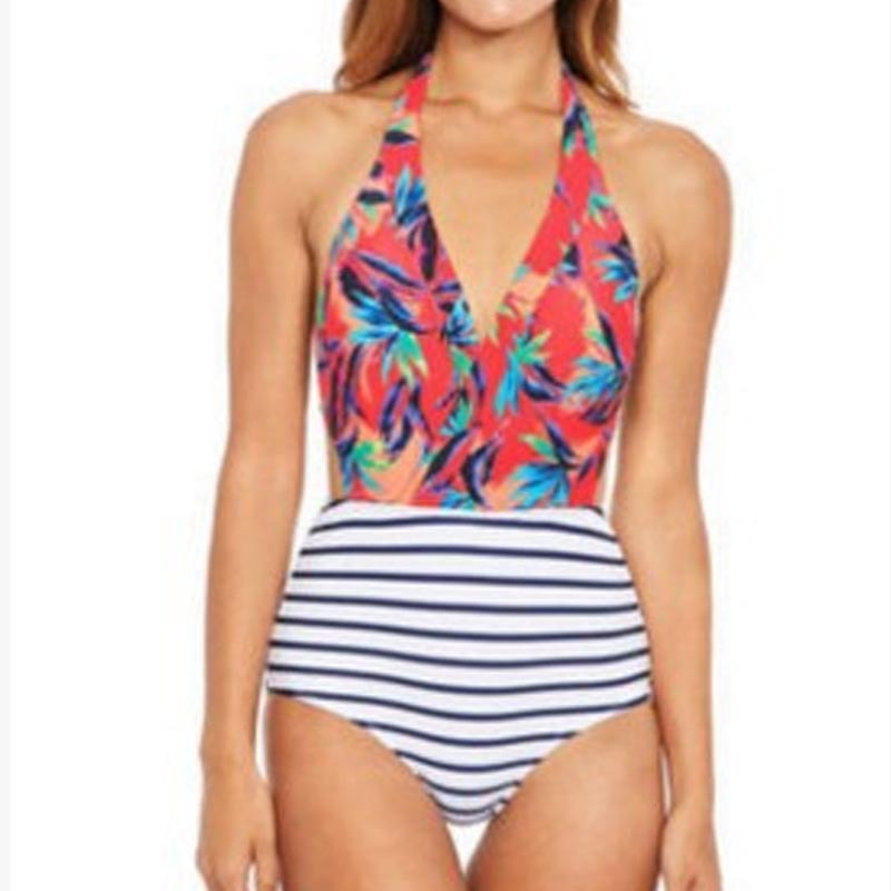 Ladies One-Piece Swimsuit with Round Neckline and Striped Design Mune Fashion