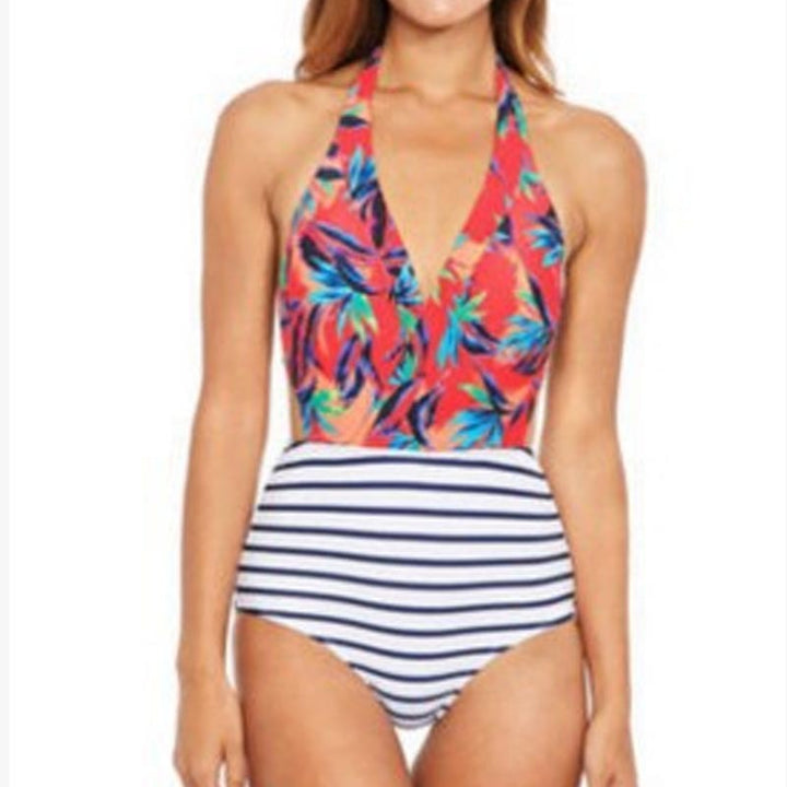 Ladies One-Piece Swimsuit with Round Neckline and Striped Design Mune Fashion
