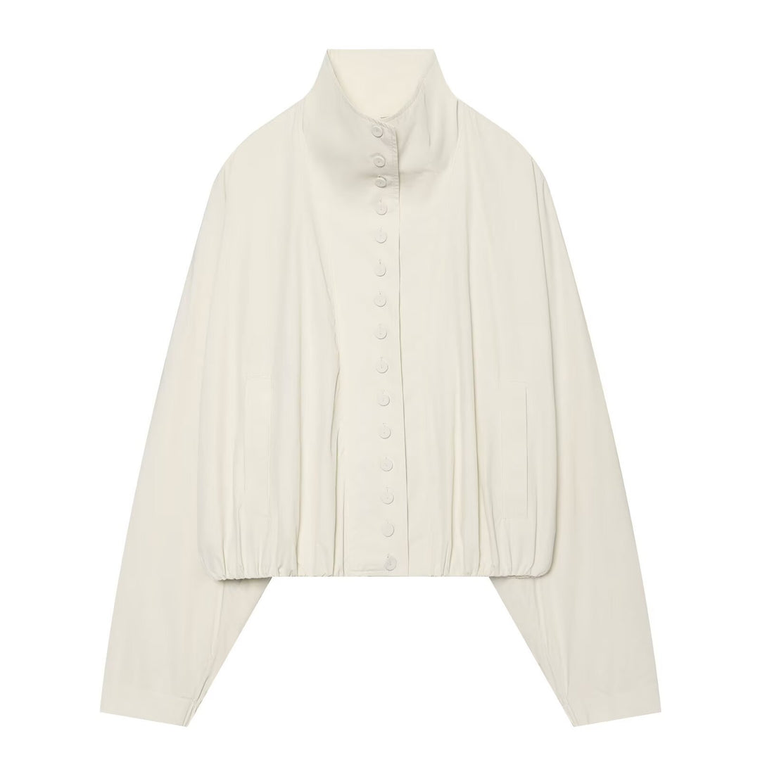 Women's cropped jacket with high stand-up collar, full button placket, and balloon sleeves Drune
