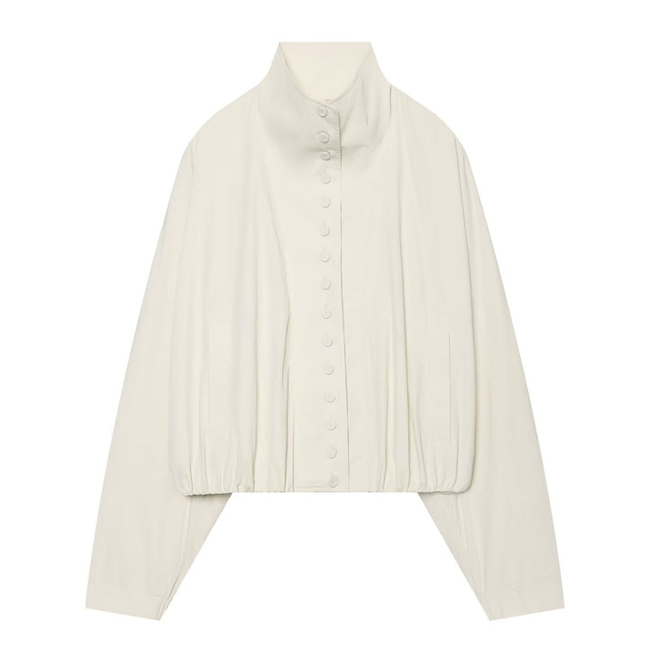 Women's cropped jacket with high stand-up collar, full button placket, and balloon sleeves Drune
