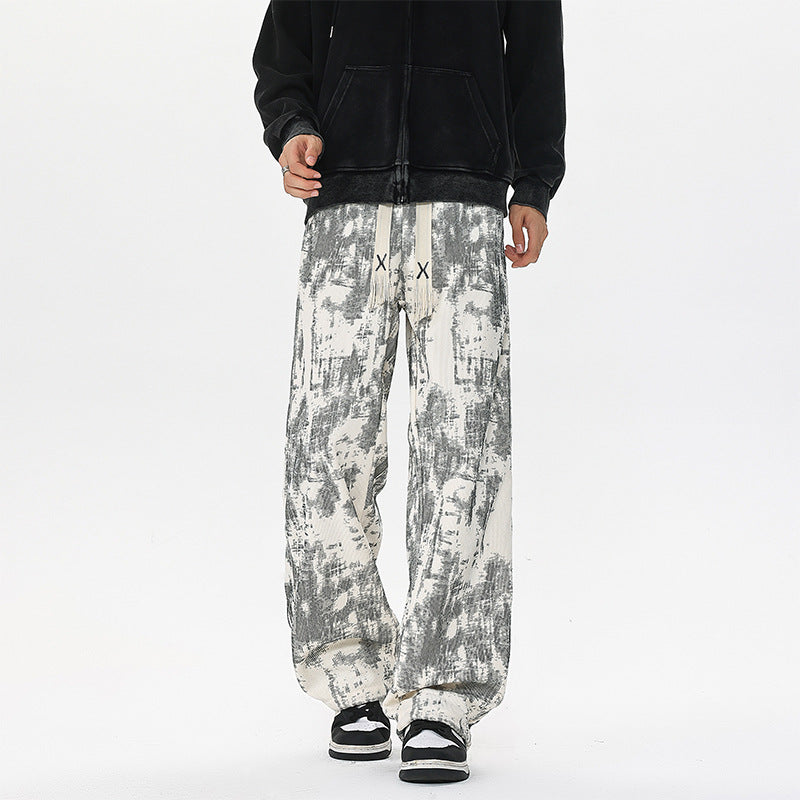Men's Wide Cut Lounge Pants with Abstract Allover Print, Elastic Waistband and Drawstring Mune Fashion