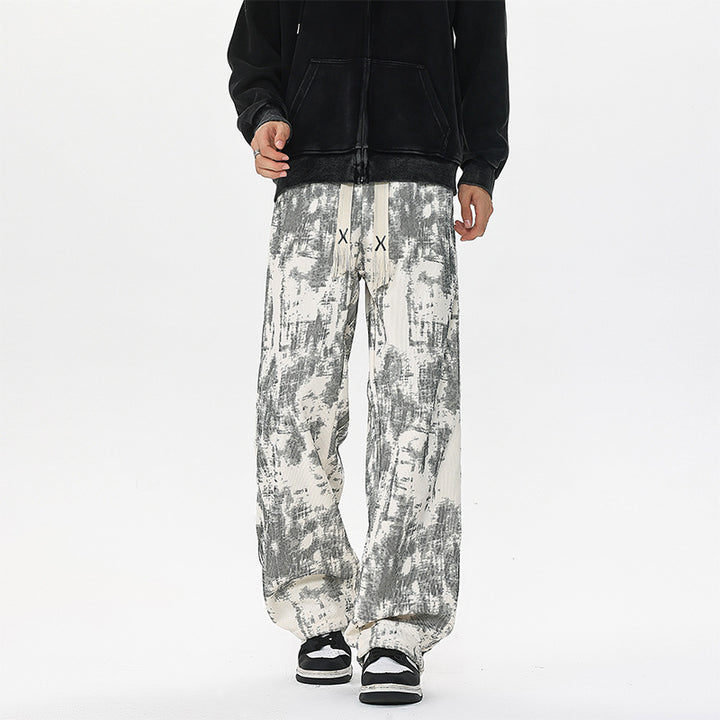 Men's Wide Cut Lounge Pants with Abstract Allover Print, Elastic Waistband and Drawstring Mune Fashion