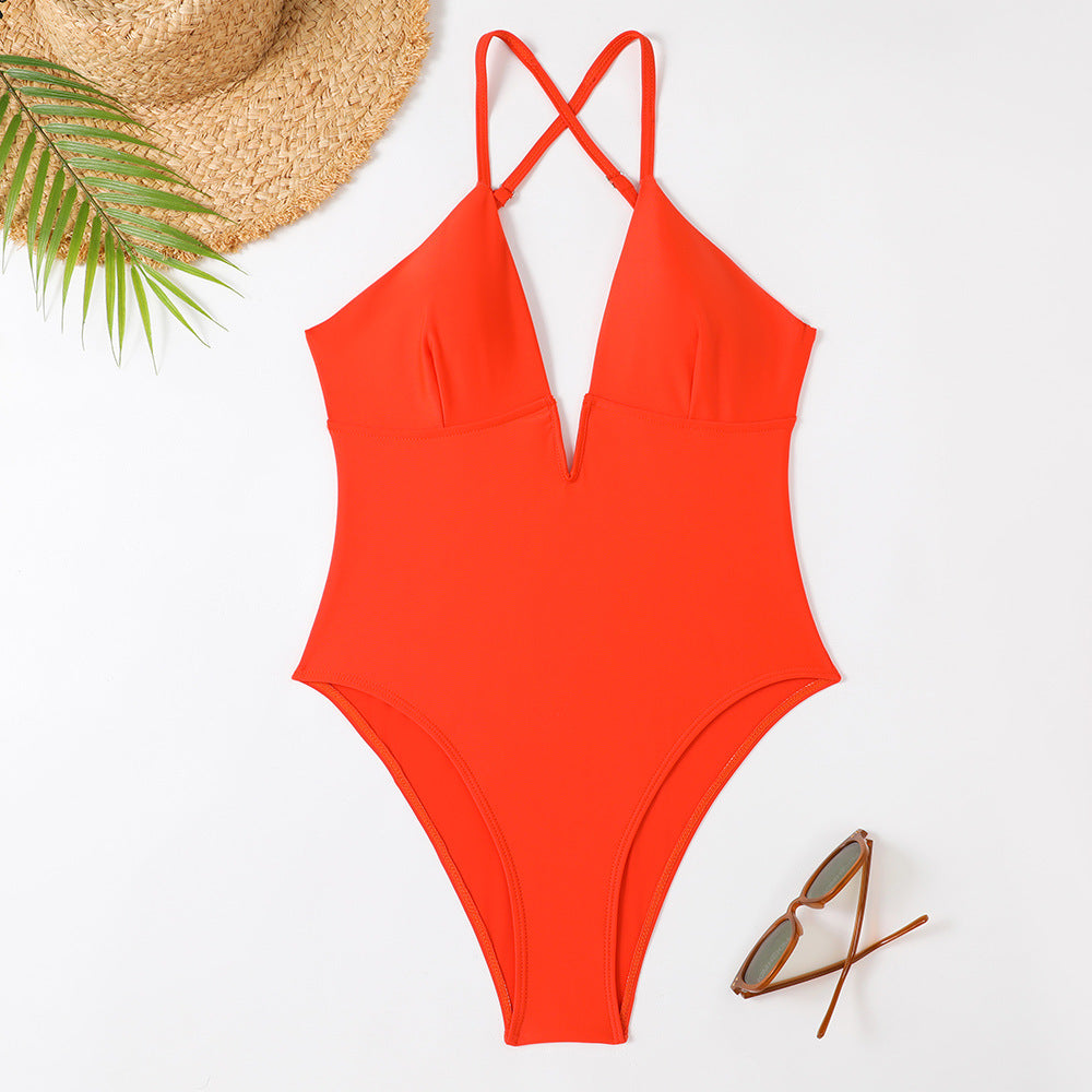 Women's one-piece swimsuit with deep V-neck and trendy feather design Mune Fashion