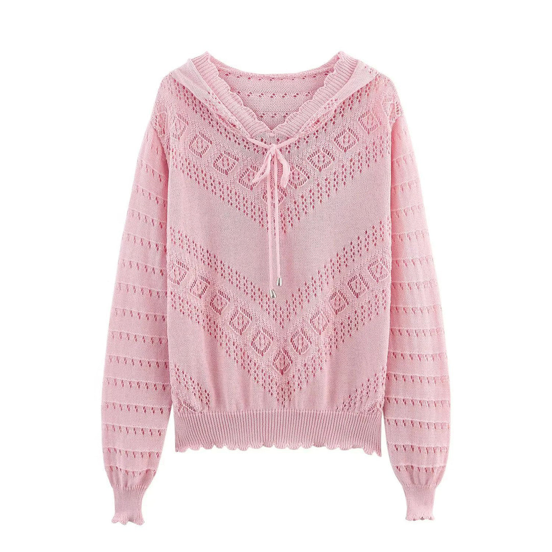 Women's hooded knitted pullover with openwork pattern, drawstring, and balloon sleeves Mune Fashion