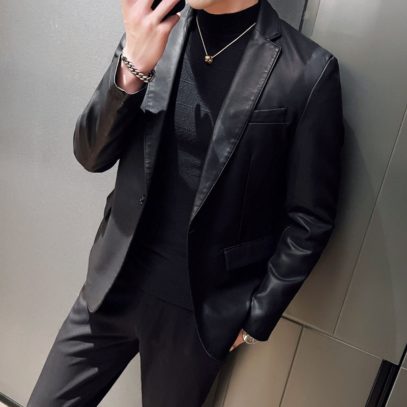 Men's Elegant Slim-Fit Faux Leather Blazer with Lapel Collar and Flap Pockets Mune Fashion