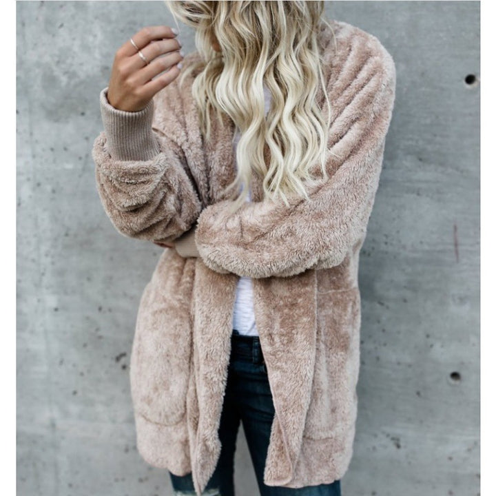 Women's Oversize Teddy Fleece Coat with Open Front, Side Pockets, and Ribbed Cuffs Mune Fashion
