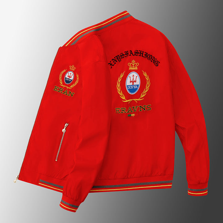 Men's stick detail bomber jacket in retro crest style with emblem embroidery and zipper arm pocket Mune Fashion
