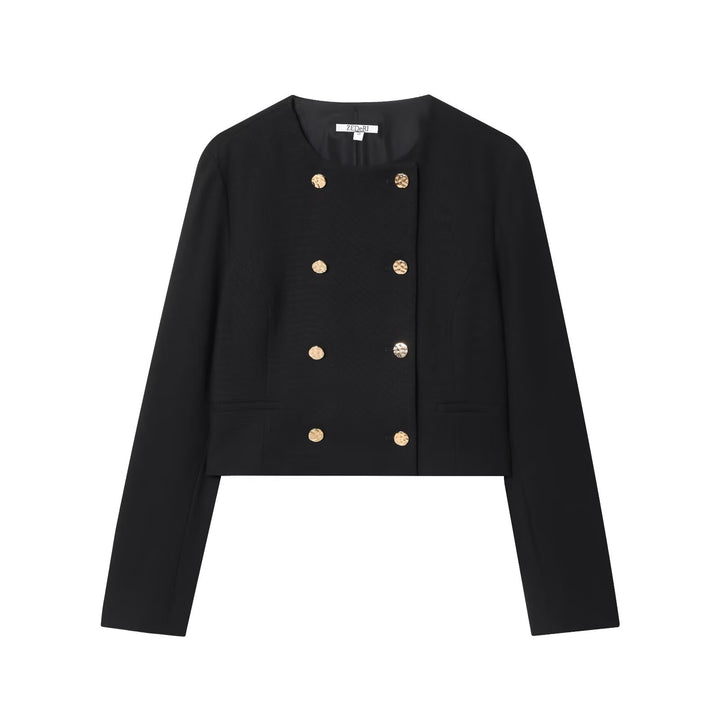 Women Short Double-Breasted Blazer with Round Neck and Decorative Buttons Mune Fashion