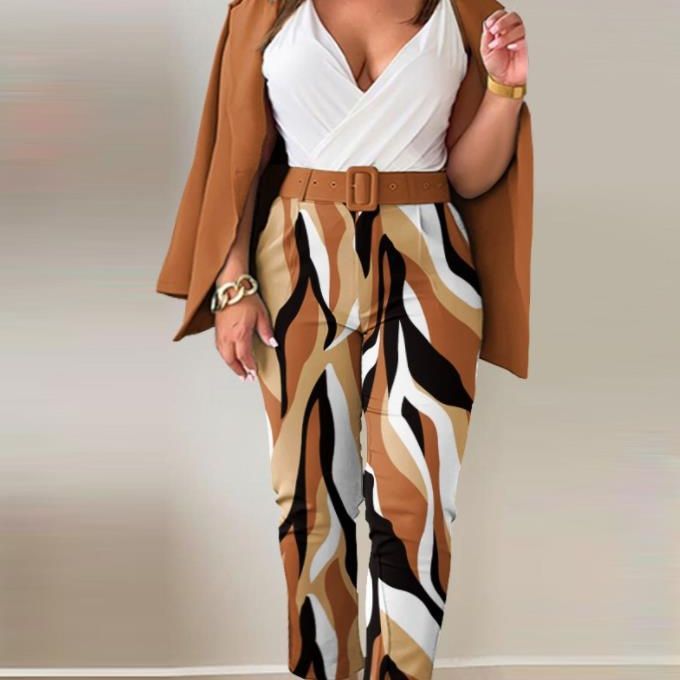Women's tailoring set with animal print lapel, tailored belt blazer and high-waist slim pants Mune Fashion