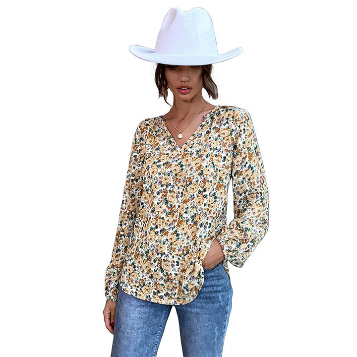 Women Lightweight V-Neck Flower Blouse with Balloon Sleeves Mune Fashion