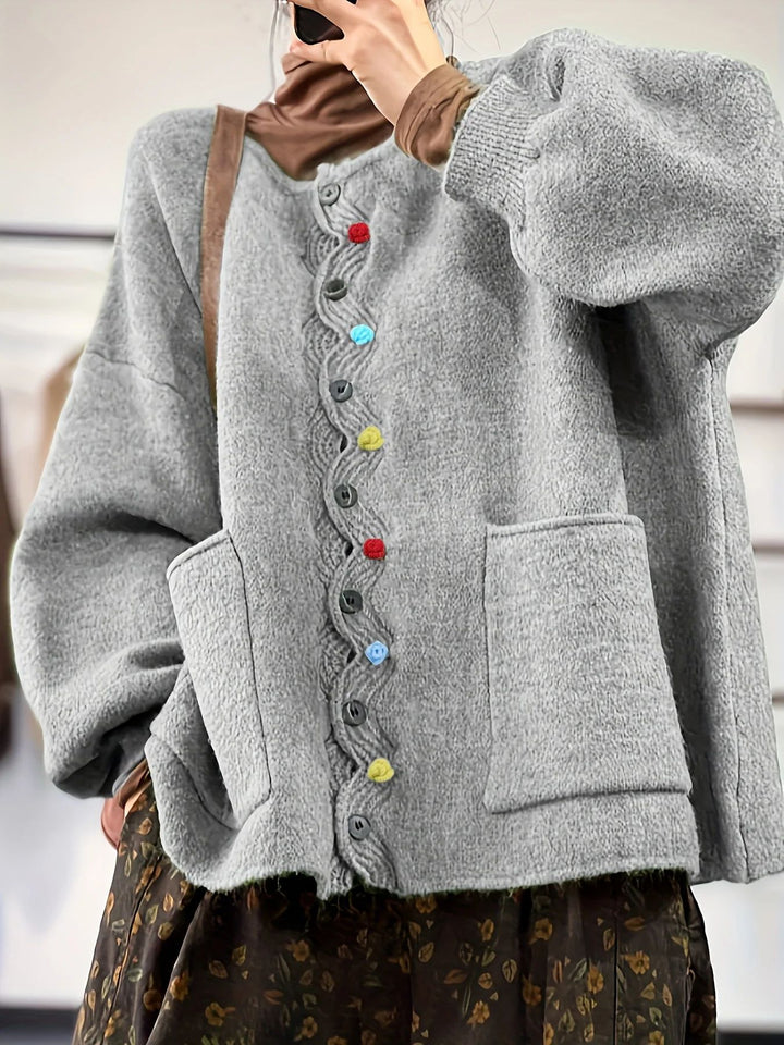 Women's Oversized Knit Cardigan with Decorative Button Placket and Patch Pockets Drune