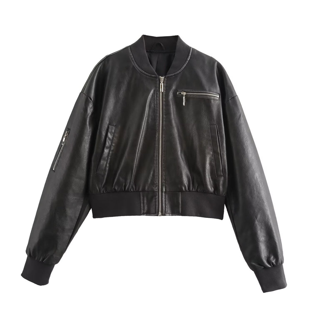 Women's Casual Bomber Jacket Made Of High-Quality Faux Leather Mune