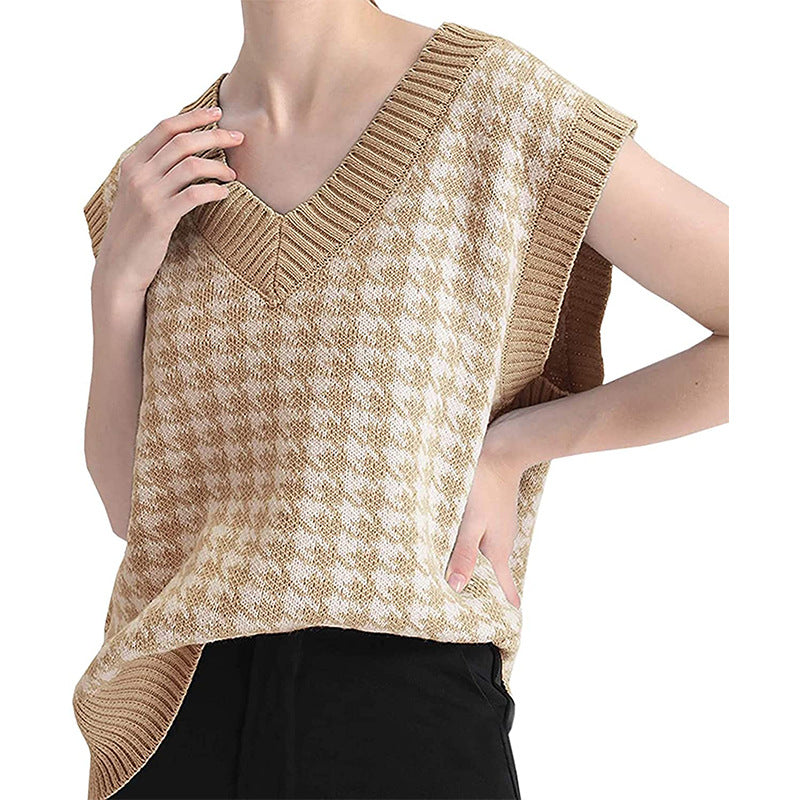 Women’s knit vest with houndstooth pattern, V-neck and ribbed hem Mune Fashion