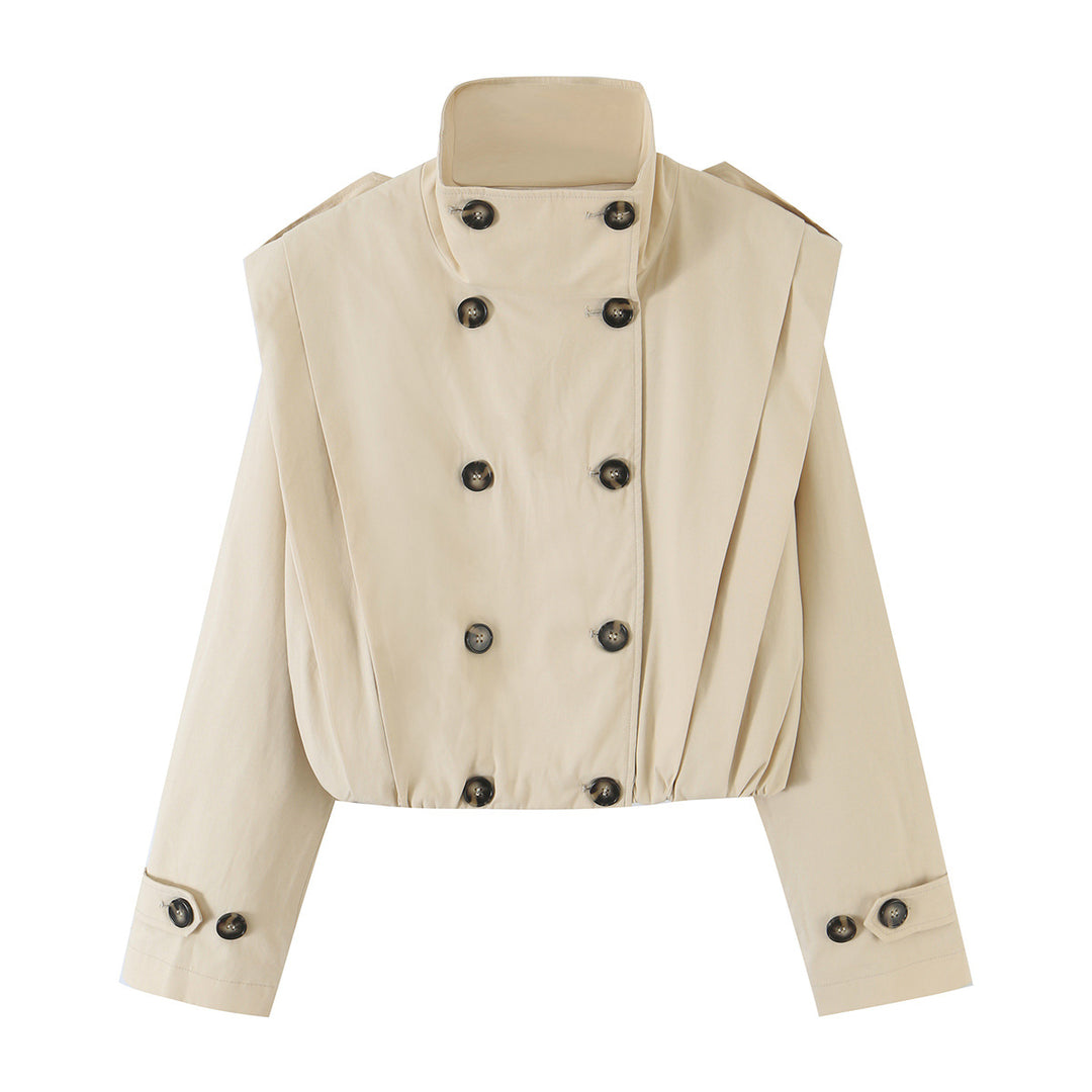 Women's Cropped Double-Breasted Trench Jacket with Stand-Up Collar and Tailoring Elastic Mune Fashion