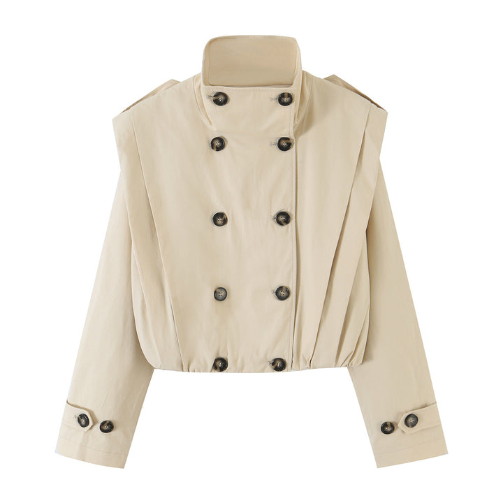 Women's Cropped Double-Breasted Trench Jacket with Stand-Up Collar and Tailoring Elastic Mune Fashion