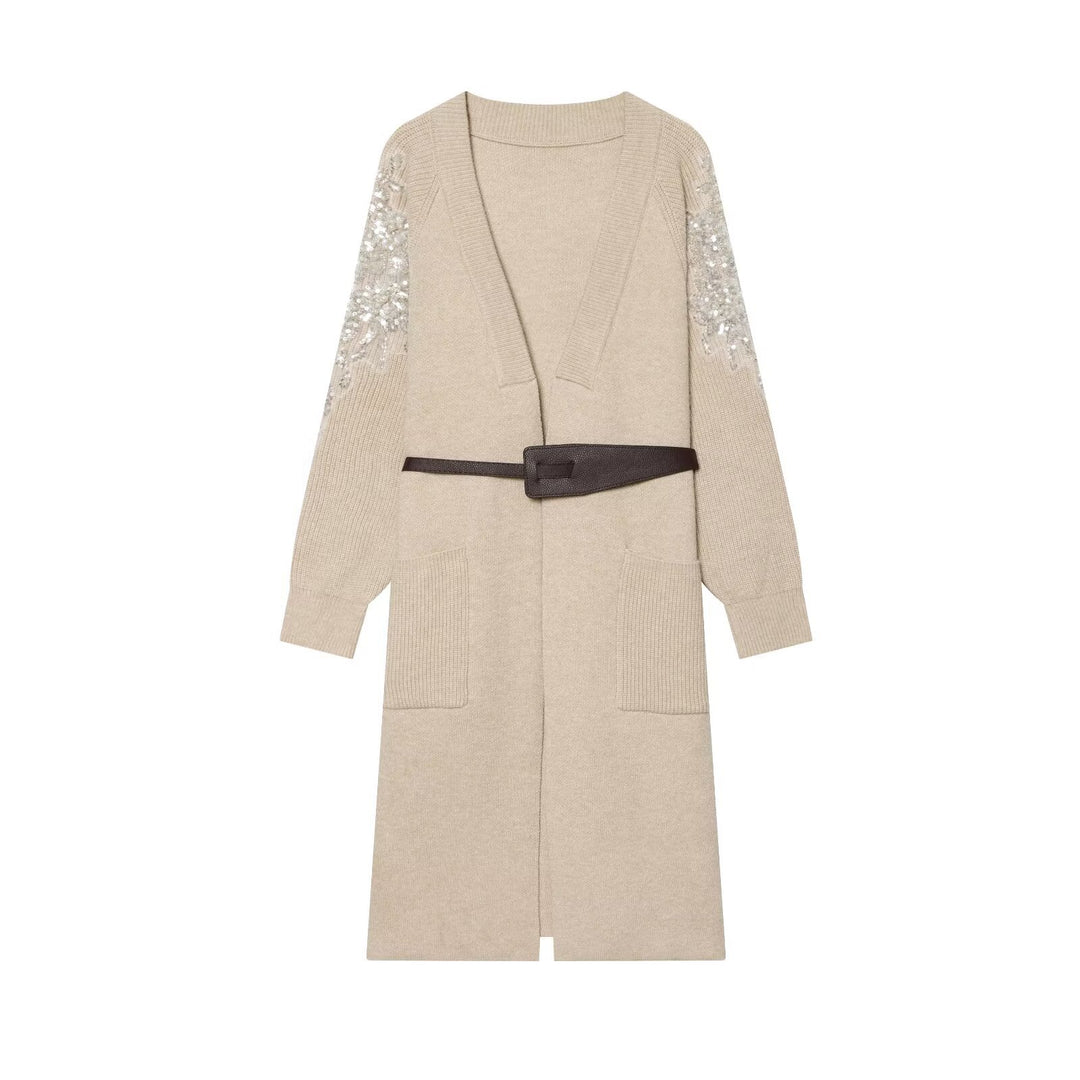 Women's Long Knit Coat-Cardigan with Waist Belt and Sequin Sleeves Mune Fashion