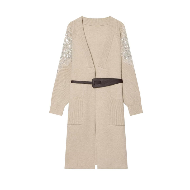 Women's Long Knit Coat-Cardigan with Waist Belt and Sequin Sleeves Mune Fashion