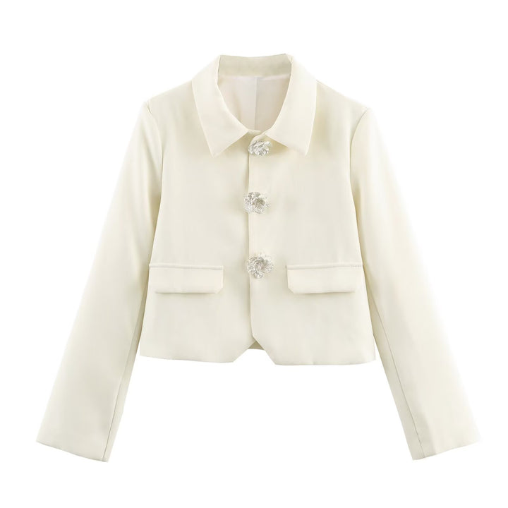 Women Cropped Blazer with Floral Decorative Buttons and Patch Pockets Mune Fashion