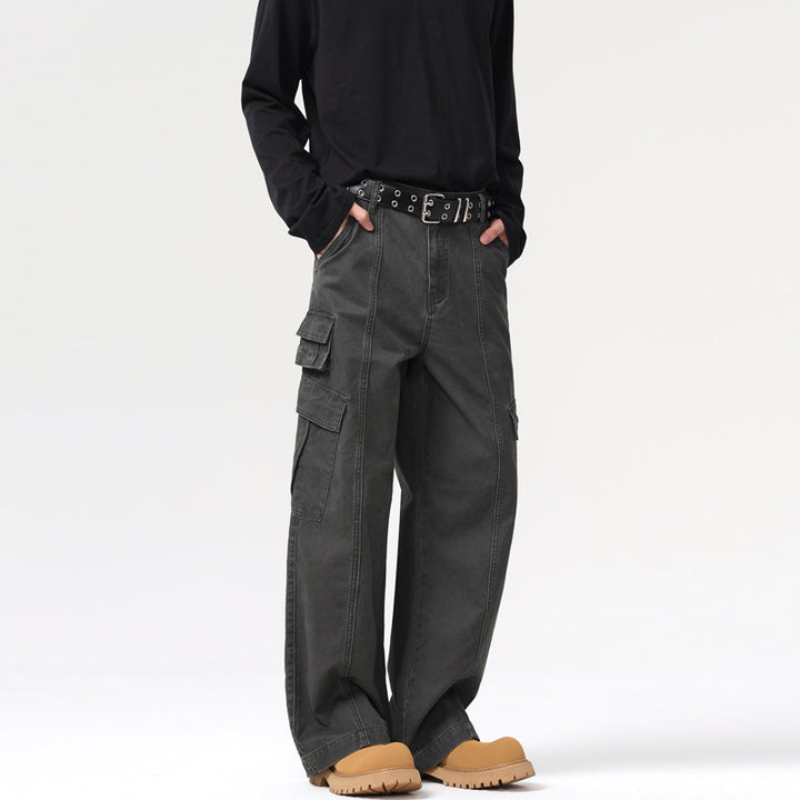 Men's Wide Canvas Cargo Pants in Utility Look with Multiple Pockets and Distinctive Seam Panels Mune Fashion