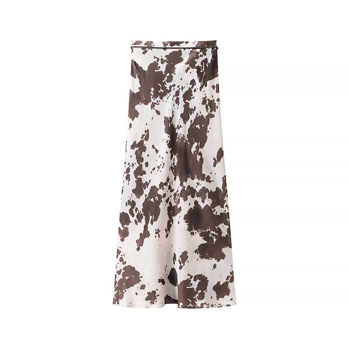 Women's maxi skirt with cow spots pattern, A-line and fine waist band Mune Fashion