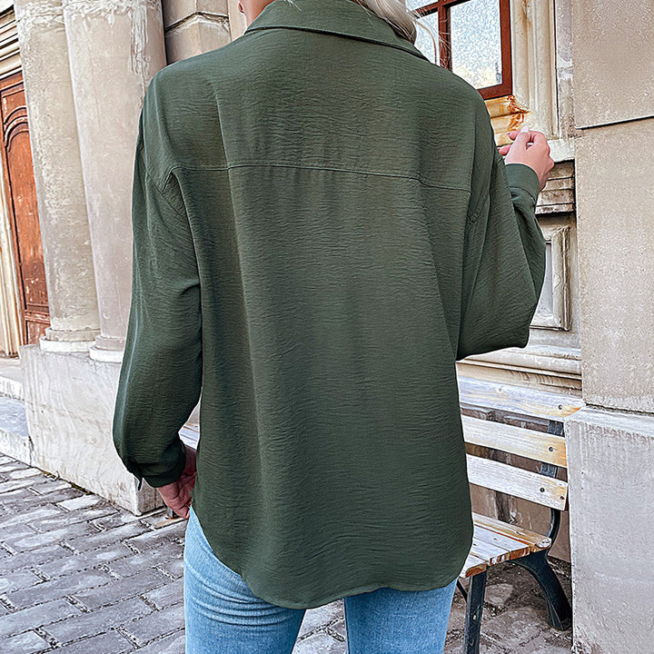Women's Oversize Crinkle Shirt Blouse with V-Neck, Visible Button Placket and Chest Pocket Mune Fashion