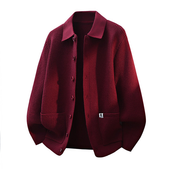 Men's Coarsely Structured Shirt Jacket - Knit Cardigan with Waffle Texture, Shirt Collar & Patch Pockets Mune Fashion