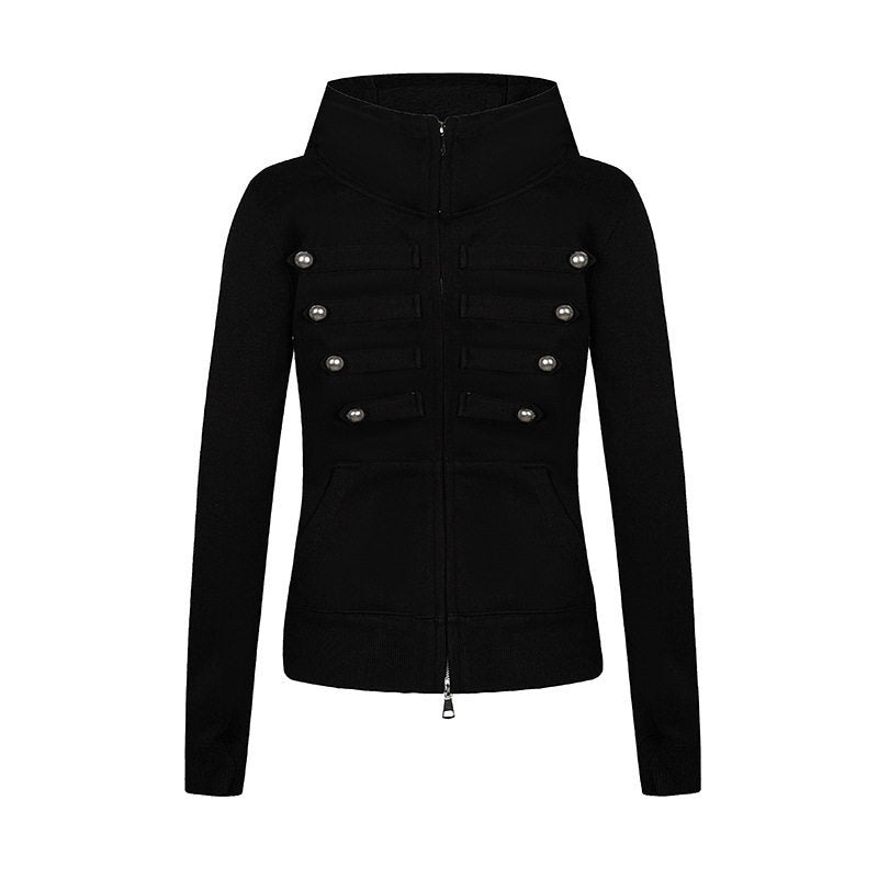 Ladies hooded sweatshirt jacket in military style with stand-up collar, decorative straps, and continuous zipper Mune Fashion
