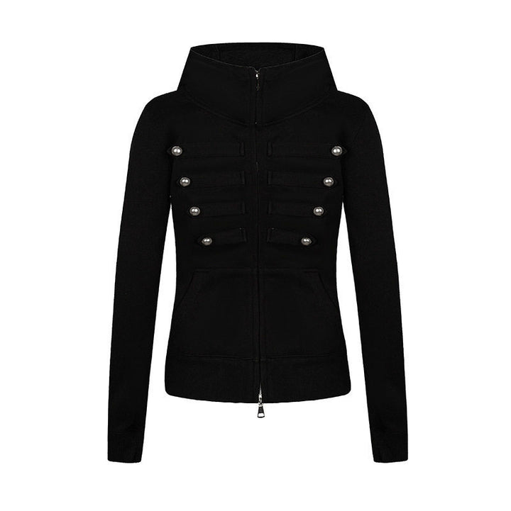 Ladies hooded sweatshirt jacket in military style with stand-up collar, decorative straps, and continuous zipper Mune Fashion