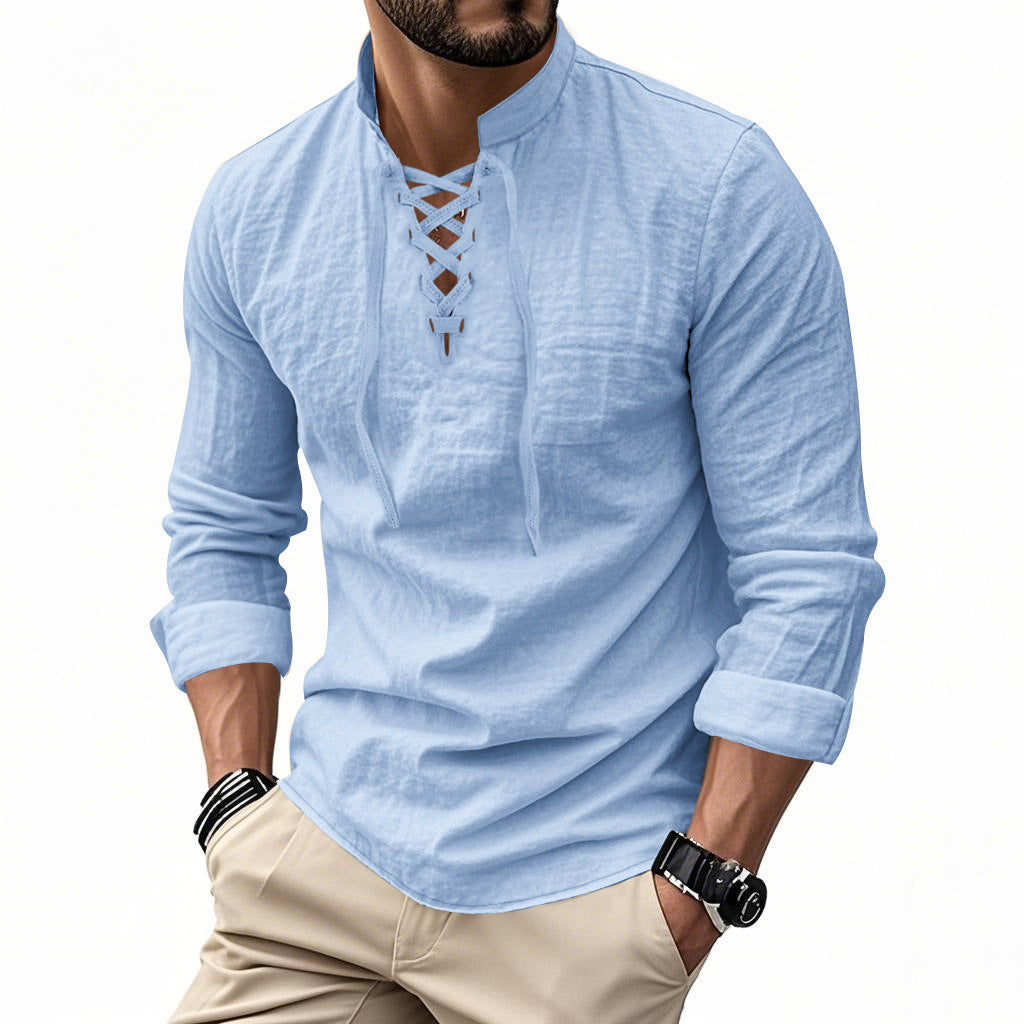 Men's casual sailor-style shirt with stand collar and lace-up front Mune Fashion