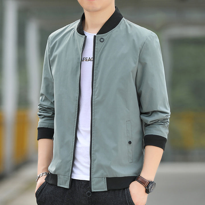 Men's Minimalist Nylon Bomber with Concealed Two-Way Zipper and Ribbed Collar Mune Fashion