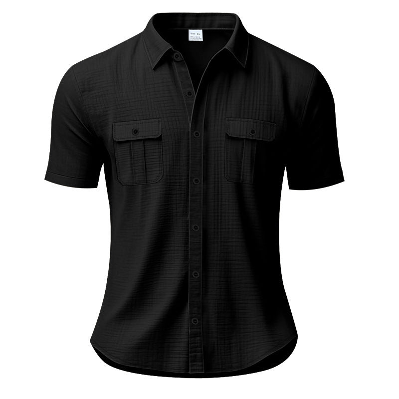 Men's structured short sleeve shirt in linen gauze look with flap pockets and rounded hem Mune Fashion