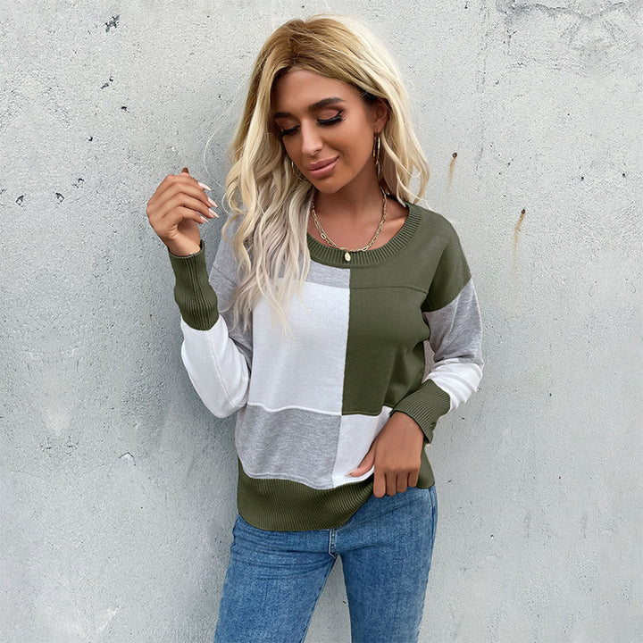 Women's patchwork knit sweater with contrasting panels, round neckline and ribbed hems Mune Fashion