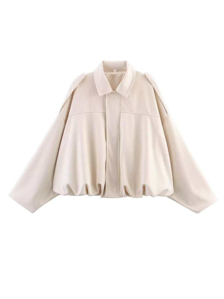 Women Cropped Oversized Blouson Jacket in Velour Look with Drawstring Hem and Epaulettes Mune Fashion