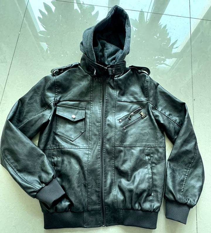 Men's Stylish Leather Jacket with Hood and Washed Finish Mune Fashion