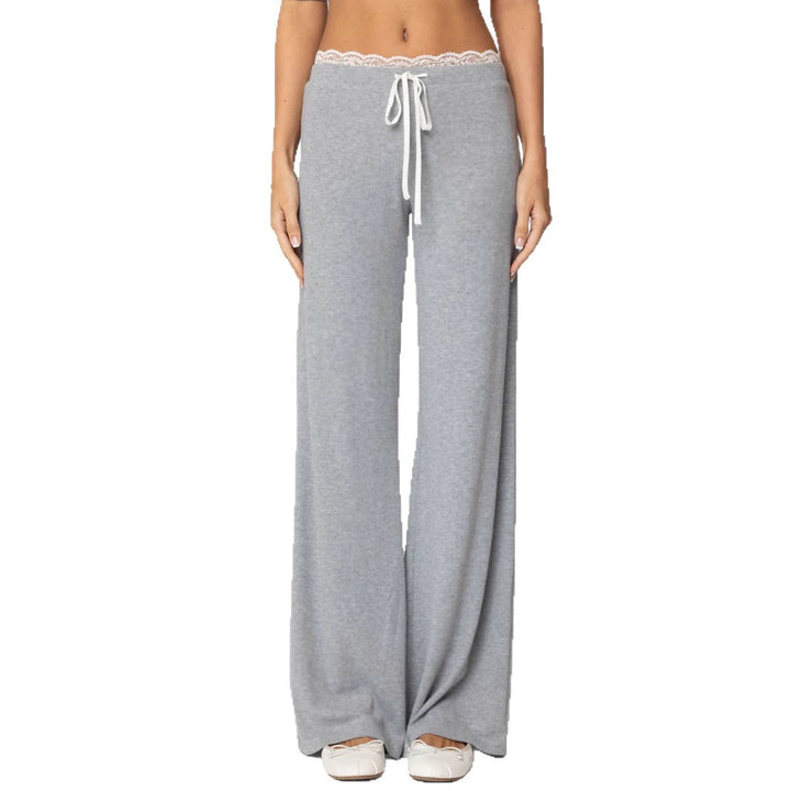 Ladies wide lounge pants with lace band and drawstring Mune Fashion