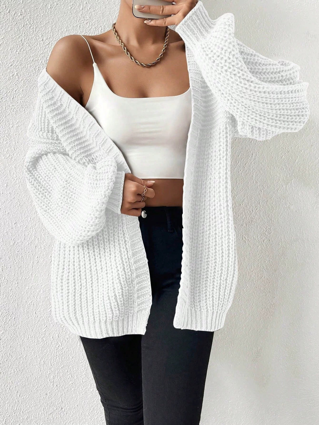 Women's oversized knit cardigan with coarse waffle knit, open front and voluminous balloon sleeves Mune Fashion
