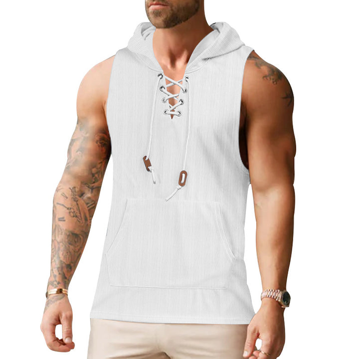 Men sleeveless hoodie sweatshirt with laced collar and kangaroo pocket Mune Fashion