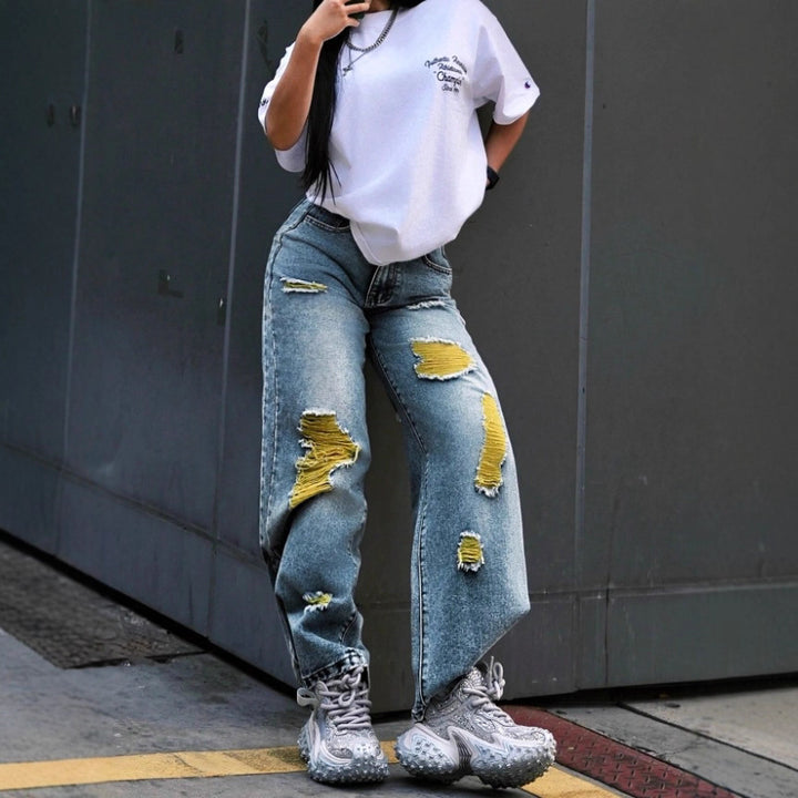 Women wide High-Waist jeans pants with destroyed details and contrasting lining Mune Fashion