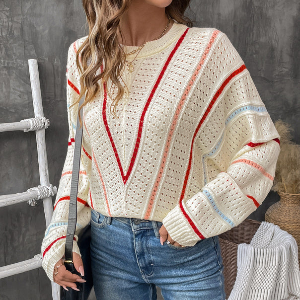 Women's Oversized Openwork Knit Sweater with V-Stripes Design Mune Fashion