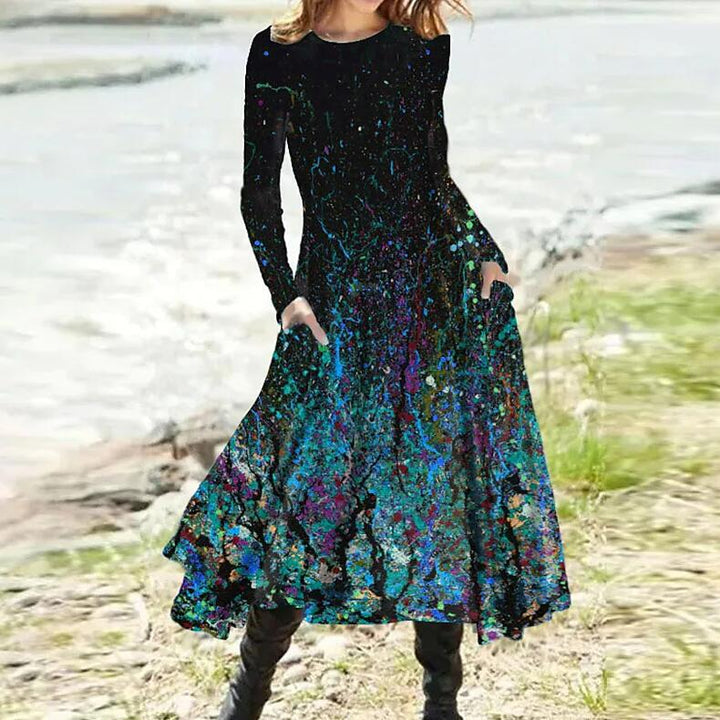 Women's A-line midi dress with abstract spray pattern, round neckline, long sleeves and side pockets Mune Fashion