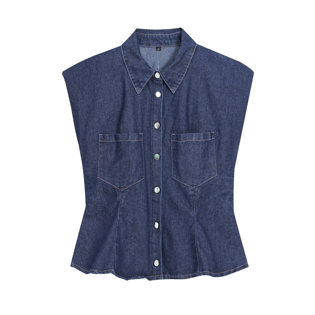 Women's Tailored Denim Set with Sleeveless Shirt Blouse and Wide High-Waist Trousers Drune