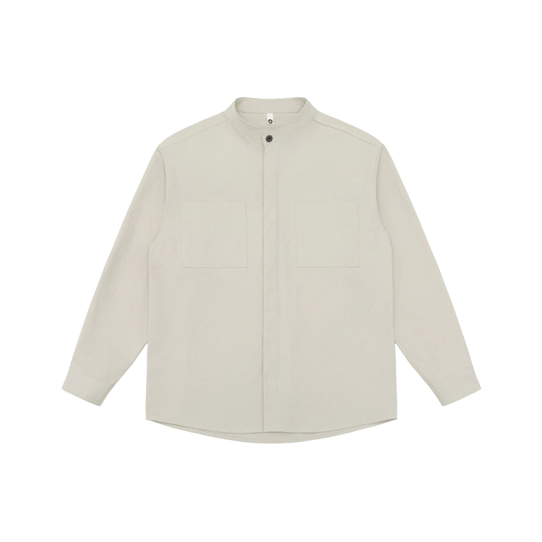 Unisex shirt jacket with stand-up collar, concealed button placket, and patch breast pockets Mune Fashion