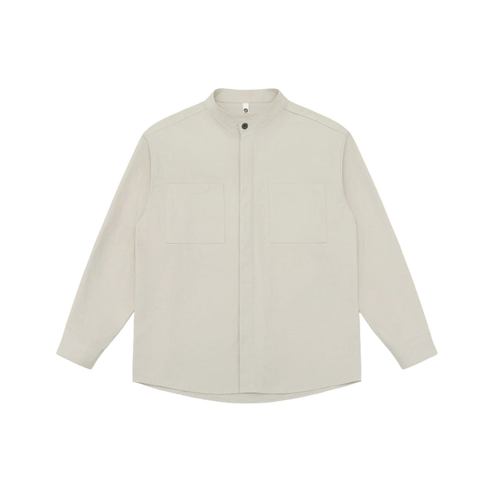Unisex shirt jacket with stand-up collar, concealed button placket, and patch breast pockets Mune Fashion