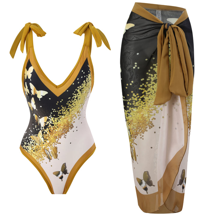 Women’s One-Piece Swimsuit with Playful Tie Straps and Elegant Wrap Skirt Mune Fashion