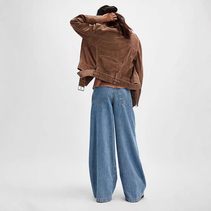 Women's high-waisted denim palazzo pants with prominent pleats and extra wide leg Mune Fashion