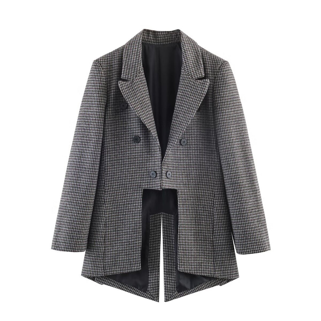 Women Double-breasted Houndstooth Blazer with Cutaway Hem and Vent Mune Fashion